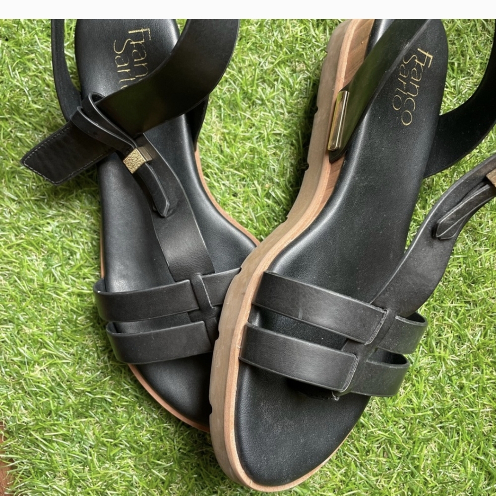Franco Sarto size 7.5 women’s black Dosha ankle strapped sandals.